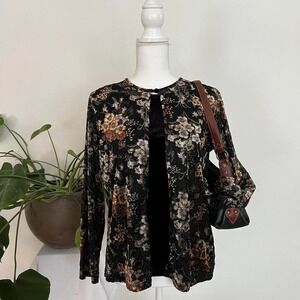 Vintage 90s Y2K Whimsygoth Sheer Mesh Velvet Burnout Black Floral Sheer Top Sz M